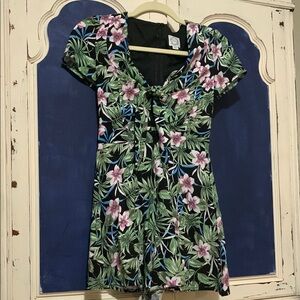 Blue Rain XS Hawaiian Floral Print shorts/body suit with Green and Pink Accents